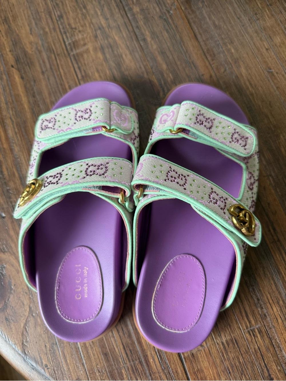 Gucci Moritz Slide GG Crystal Canvas Slide Sandals EU40 Purple Green - Picture 4 of 10
